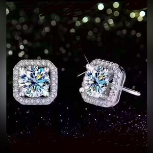 Elegant Real Moissanite Square Halo Stud Earrings 925 Silver, GRA Certificates